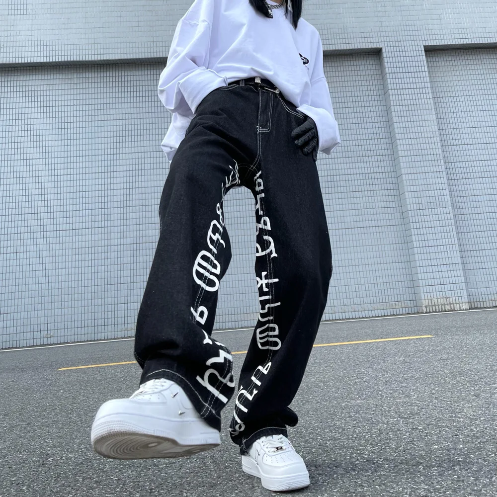 Burtu Drukāšanas Baggy Džinsi Sieviete Augsta Vidukļa Hipiju Džinsa Bikses Tumši Akadēmiskā Goth Streetwear korejas Kravas Bikses 90s