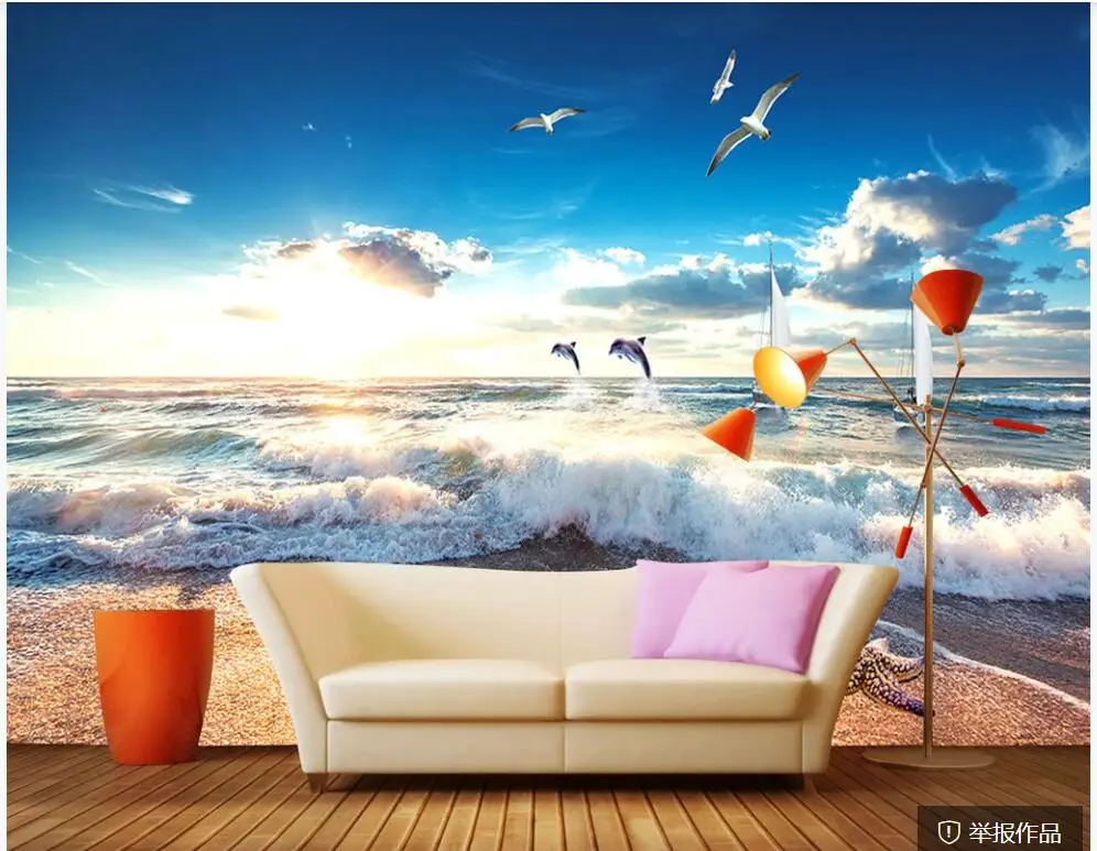 tapešu 3 d mājas dekoru custom sienas Jūras pludmales viļņi kaiju delfīni ainavu foto tapetes dzīvojamā istabā