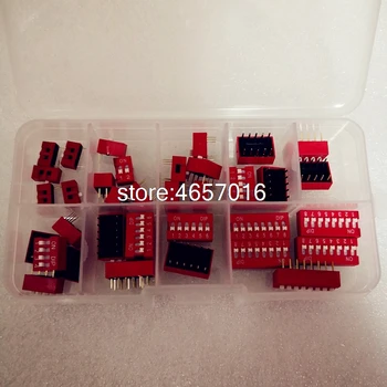 35PCS/DAUDZ Dip Slēdzi Komplekta Kaste 1 2 3 4 5 6 8 Ceļu 2.54 mm tumblerus Red Snap Slēdži Jaukts Komplekts Katra 5GAB