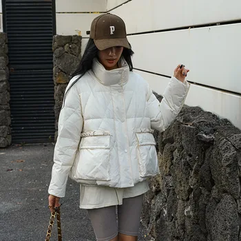 Dūnu jaka sieviešu 2022. gada ziemas jaunas īstermiņa modes vienkārši, stand-up apkakle balta pīle uz leju, garām piedurknēm, sieviešu jaka 2