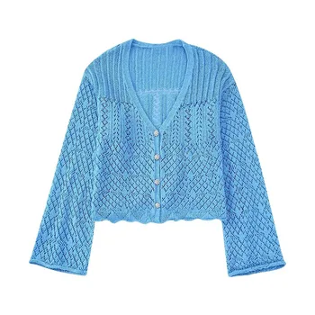 Elegants, Adīta Jaciņa Sievietēm 2022 Jaunu Vintage SweaterAutumn Ziemas Zilā krāsā ar garām Piedurknēm Top Pogu uz Leju Jaciņa Mētelis