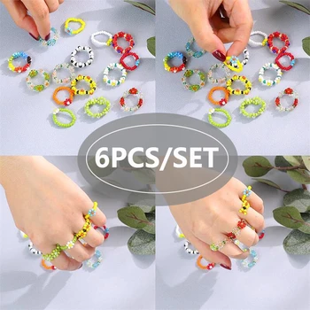 Korejas Krāsains Boho Šiks Sēklu Pērlītēm un Pirkstu Riņķiem Sieviešu Rotaslietas Modes Ziedu Kristāla Fāzēm Y2k Gredzeni, Jauns Modes Dāvana