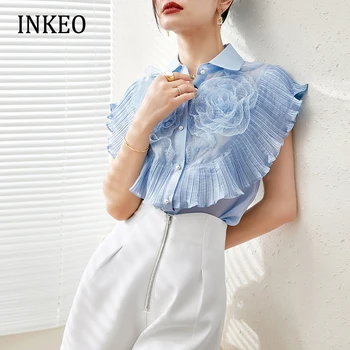 Korejiešu stilā Sievietēm mežģīnes raibs krekls bez piedurknēm Sievietēm kroku blūze Zilā 2022 Jauna kolekcija Dāmas pogas augšējā INKEO 2T201 0