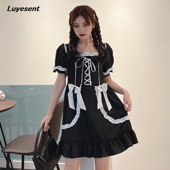 Melna Balta Lolita Lady Plus Lieluma Impērija Dresss Vasarā-line Sievietes Plisēt Mini Kleitas Mežģīnes-up Ruffles Loku korejas Modes Audums