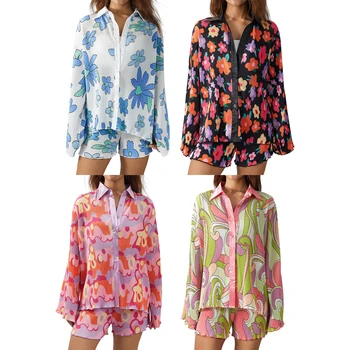 Sieviešu Modes Flower/ Neregulāru Drukāšanu, Divi-gabals Apģērbu Komplekts ar garām Piedurknēm Blūze Topi un Taisnu kāju Bikses, Uzvalks 1