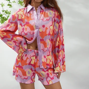 Sieviešu Modes Flower/ Neregulāru Drukāšanu, Divi-gabals Apģērbu Komplekts ar garām Piedurknēm Blūze Topi un Taisnu kāju Bikses, Uzvalks 3