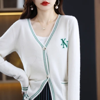 V-veida kakla kontrasta krāsu kašmira jaciņa dāmas 2022 jaunu trikotāžas džemperis mētelis zaudēt krāsu-bloķēts garām piedurknēm adīts tops