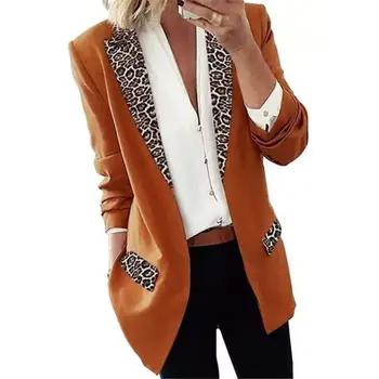 Šiks Modes Sieviešu Leopard Iecirtums Atloks Ikdienas Biroja žakete Dāma Žakete Anti-fade naudas Sodu Šūšanas Amatniecības