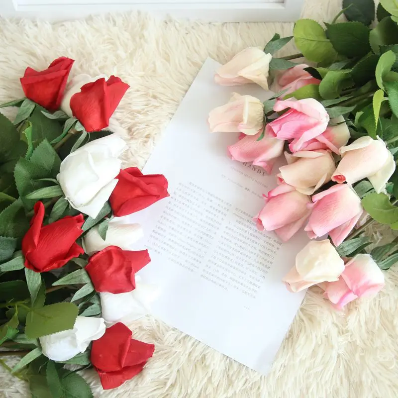 10pcs nekustamā touch rožu pumpuru mākslīgo ziedu mājas dekori kāzu rokas saimniecībā līgava zīda rožu viltus vainags simulācijas pušķis