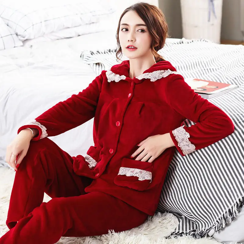 2 Gab./Daudz Rudens Ziemas Sieviešu pidžamas komplekts Uzvalks Biezu Siltu Koraļļu Flaneļa naktskrekls, Sieviešu Pidžamas Sleepwear Pilnas Bikses