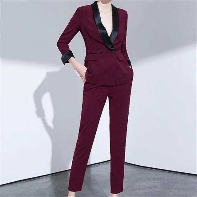 2019 Vīna Sarkans Sieviešu Elegants Modes Pasūtījuma 2Pieces Uzvalki, Melnā Atloks, Slim Fit Sieviešu Uzņēmējdarbības Biroja Apģērbs, Uzvalki