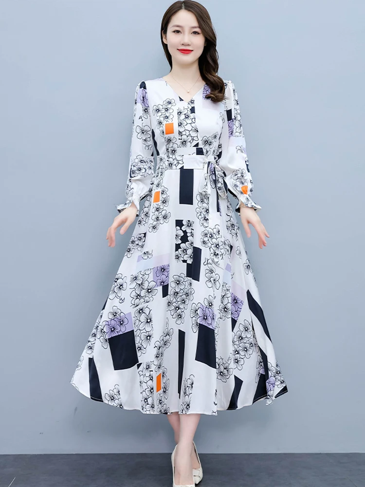 2022 Elegants Satīna Garām Piedurknēm Kleita Rudens Ziemas Korejiešu Jaunā Sieviešu Ikdienas Maxi Apģērbu Vintage Bodycon Puse Ziedu Kleitas
