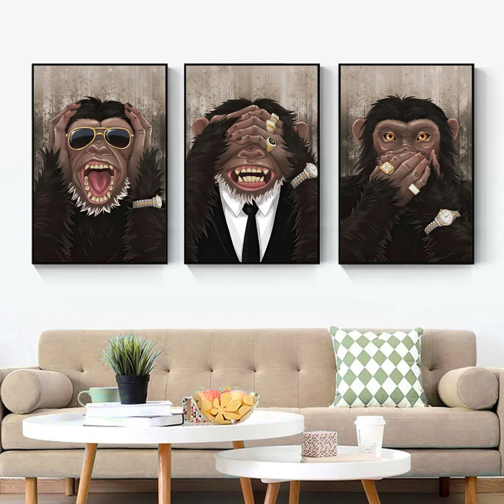 3 Modes Pērtiķiem Plakāti Un Izdrukas Funny Dzīvnieku Pop Art Luksusa Traks Gorilla Audekla Sienas Gleznojums, Par Dzīves Telpu Dekorēšana