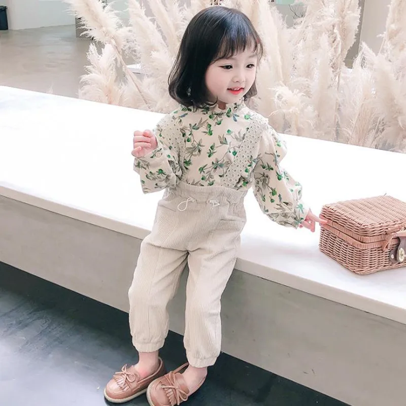 Jaunu Bērnu, Bērnu Modes Apģērbu Komplekti Korejas Pavasara Rudens Ziedu Drukāt Garām Piedurknēm Blūze+Siksniņas Kopējais Elsas Bērniem, Komplekti Apģērbs