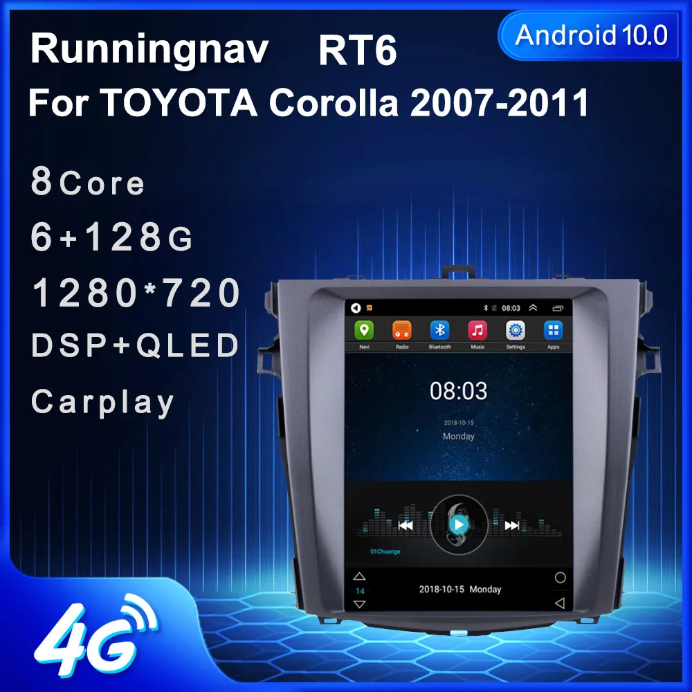 Runningnav TOYOTA Corolla 2007 2008 2009 2010 2011 Tesla Tips Android Auto Radio Multimediju Video Atskaņotājs Navigācija GPS