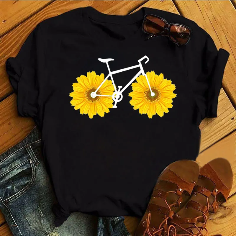 Smieklīgi ziedu velosipēdu sieviešu modes top sieviešu modes apaļu kakla melna īsām piedurknēm vasaras sieviešu t-krekls