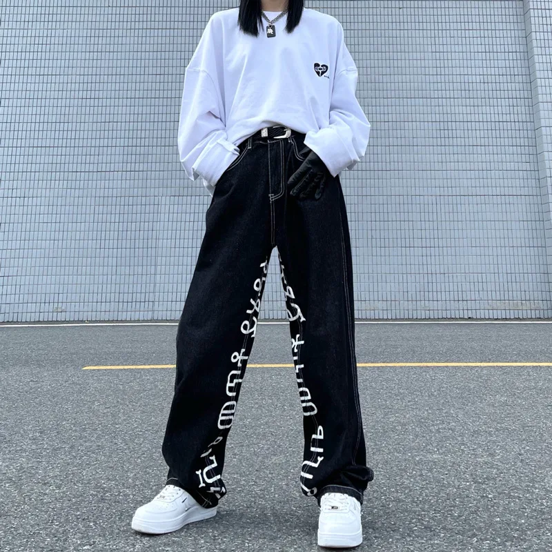 Burtu Drukāšanas Baggy Džinsi Sieviete Augsta Vidukļa Hipiju Džinsa Bikses Tumši Akadēmiskā Goth Streetwear korejas Kravas Bikses 90s 1