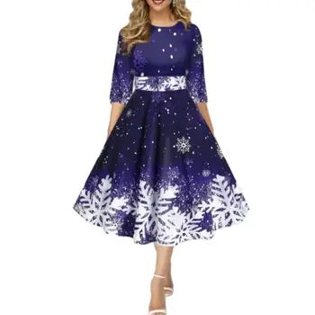 2022. Gadam, Modes Rudens Ziemas Sievietes Ziemassvētku Puse Kleitas Apģērbu Jauno Gadu Sniegpārslas Drukāt Pusi Piedurknēm Augsts Viduklis Kleita Elegants
