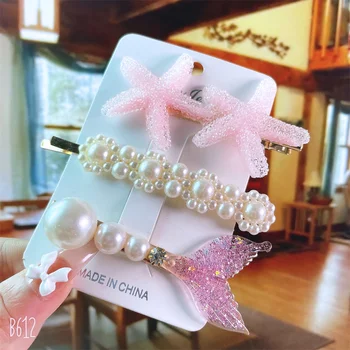8 Stila korejiešu Starfish Matu Klipsis Sievietes Elegantas Pērļu Ziedu Matadatas Komplekts Meitene, Romantiska Spīdīgas Zivju Astes Matu Aksesuāri