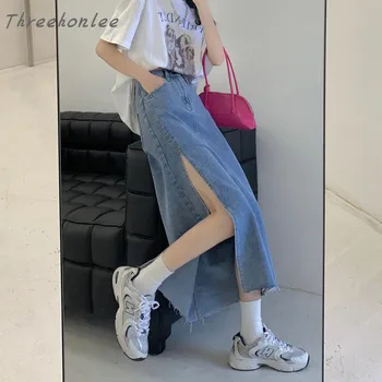 Augstas Kvalitātes Sieviešu Džinsa Šķeltas Malas Vasaras Modes Retro Korejas Gadījuma Augsta Vidukļa Slim Ilgi Džinsa Svārki