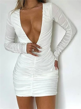 Elegants kleitas sievietēm ar garām Piedurknēm Dziļu V Bodycon Mini Kleita Balta 2023 Kroku Ruched Wrap Īsu Kleitu Biroja Dāma Apģērbs