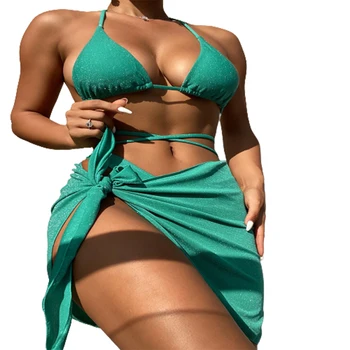 FS Sexy Sievietes Mikro Sandales ar Augstu Vidukļa Bikini Komplekts Pavada Mežģīnes Up V Kakla peldkostīms tīrtoņa Krāsu Peldkostīmi Trīs Gabalus 2022 Vasaras