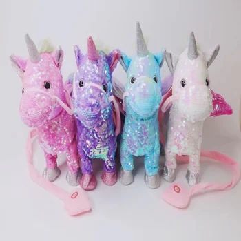 Jaunu Cute Sequined Unicorn Plīša Rotaļlietas, Pavadas Pegasus Lelle Kājām un Dziedāja Elektriskā Spilgtas Krāsas Pūķis Zirgu Plīša Rotaļlietu, Mazulis Dāvanu