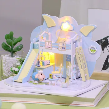 Koka DIY Māja meitenītes Dzimšanas diena Māja Mini Rokas Saliktas Villa Modelis