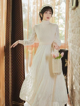 Korejas Temperaments Trikotāžas Līmēšana Mežģīņu Kleitas Femme franču Gaismas Luksusa Rudens Stand-up Apkakle Gadījuma Elegantu Maxi Kleitu