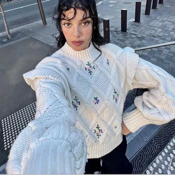 Krāsains Ziedu Izšuvumi Sievietes Baltās Vilnas Džemperis Ilgi Laternu Piedurknēm modes dāma Dimanta Pārbaudīt džemperis