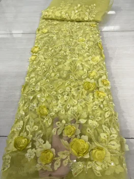 Luksusa Puses Dzeltena 3D Ziedu Mežģīņu Auduma 5 Metri franču Tilla Auduma Izšūšana Vizuļi Nigērijas Audums Kāzu Līgavas Kleita