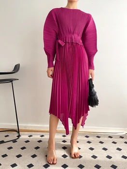 Miyake Kroku Plats Piedurknēm Kleita Ar Jostu Sievietēm Līdz 2023. Gada Pavasarī Franču Modes Elegants Ikdienas Liela Izmēra Garās Kleitas