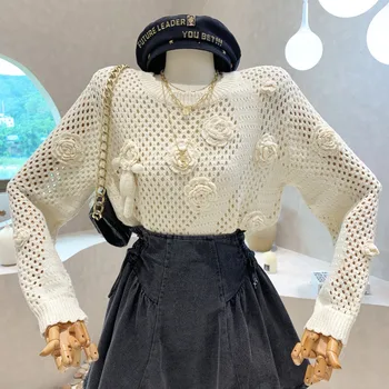 Nišas Dizaina Jaunu Sieviešu Apģērbu 2022 3D Puķu Dobi Adīt Krekls Rudens Sākumā Brīvs Džemperis ar garām Piedurknēm Blūze Augšu 0