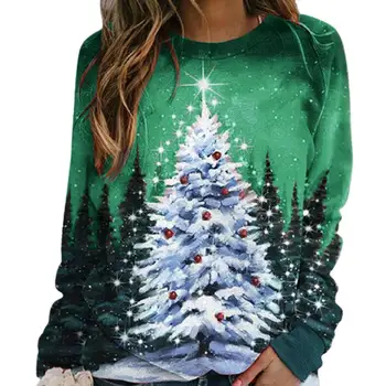 Pelēkā Vārna Sievietēm Ziemassvētku Eglīte Drukāt Raibs Džemperis Sieviešu Krekls Ar Garām Piedurknēm O-Veida Kakla Stretchy Ziemassvētki Blūze Topi, Virsdrēbes 2