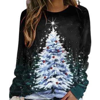 Pelēkā Vārna Sievietēm Ziemassvētku Eglīte Drukāt Raibs Džemperis Sieviešu Krekls Ar Garām Piedurknēm O-Veida Kakla Stretchy Ziemassvētki Blūze Topi, Virsdrēbes 3