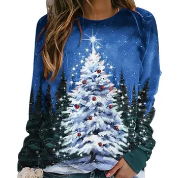 Pelēkā Vārna Sievietēm Ziemassvētku Eglīte Drukāt Raibs Džemperis Sieviešu Krekls Ar Garām Piedurknēm O-Veida Kakla Stretchy Ziemassvētki Blūze Topi, Virsdrēbes 4