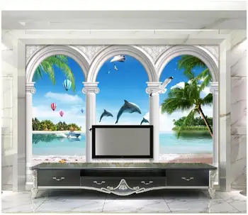 Pielāgotus foto tapetes, 3d sienu gleznojumi tapetes Eiropas piejūras pludmales, salas koku delfīnu logu ainava fona tapešu