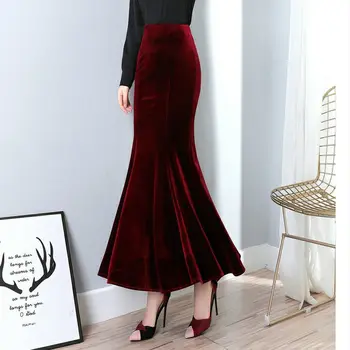 Plus Izmērs 4XL ir 2021. Jaunu Rudens Modes Sieviešu Elegants Sarkans Velūra Vintage Samta Melns Augsta Vidukļa Maxi Taures Ilgi Sirēna Svārki