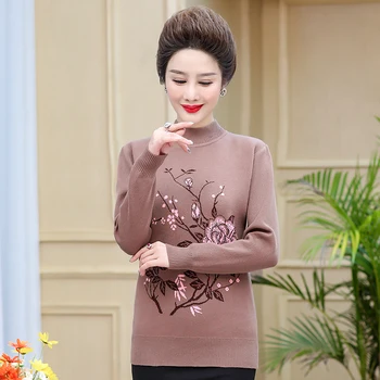 Pusmūža Sieviešu Džemperis Drukāt Džemperis Rudens Brīvs O Apkakli, Garām Piedurknēm Adīts Biezs Korejas Modes
