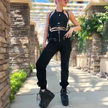 Sieviete Gothic Harēma Bikses Melnā Zaudēt Vidū Vidukļa Bikses ar Ķēdes Ir 2021. Sieviešu Goth Estētisko Drēbes Pavasara Rudens Vintage Bikses