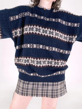 Sieviešu Lielajam Modes Gadījuma Sniegpārslas Drukāt Džemperis ar garām Piedurknēm, Plecu Kritums Zaudēt Adīt Džemperi 0