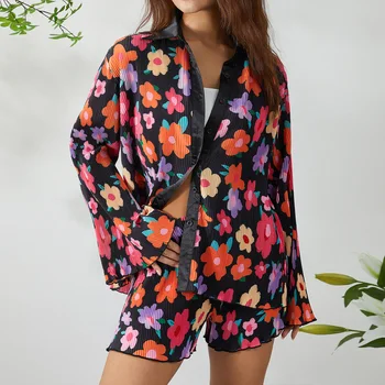 Sieviešu Modes Flower/ Neregulāru Drukāšanu, Divi-gabals Apģērbu Komplekts ar garām Piedurknēm Blūze Topi un Taisnu kāju Bikses, Uzvalks
