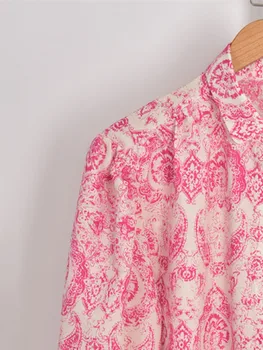 Sieviešu Sweet Pink Iespiesti Krekls ar Vienu Krūtīm, Savukārt-uz Leju Apkakli, garām Piedurknēm 2022. Gada Pavasarī Jaunās Dāmas franču Eleganta Blūze Augšu
