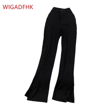 Sieviešu Tērps Uzliesmojuši Bikses ir 2021. korejas Gadījuma Pārklājus Atvērtas Spraugas Bikses Streetwear Augsta Vidukļa Biksēm Buttoned Melnas Bikses