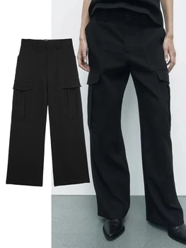 TRAF Sieviešu Sānu Kabatas Taisnas Bikses Modes Priekšā Rāvējslēdzējs Vintage Bikses ar Augstu Vidukli Sieviešu Šiks Bikses