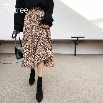 Trytree 2021. gada Vasarā, Rudenī, Sieviešu Svārki Gadījuma Šifona Leopard Elastīgs Viduklis Zīdaini-line Vidum Teļš Kroku Svārki Biroja Dāma
