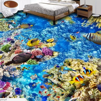 wellyu Zemūdens pasaules tropu zivis, koraļļu 3D grīdas flīzes pasūtījuma liels sienas ūdensizturīgs, nodiluma izturīgs grīdas uzlīmes